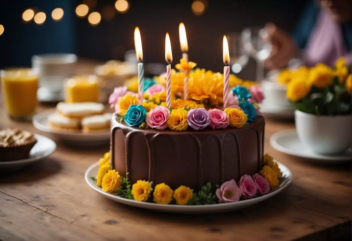 A table adorned with a colorful array of flowers, surrounded by smiling faces and filled with laughter as a birthday cake is being presented