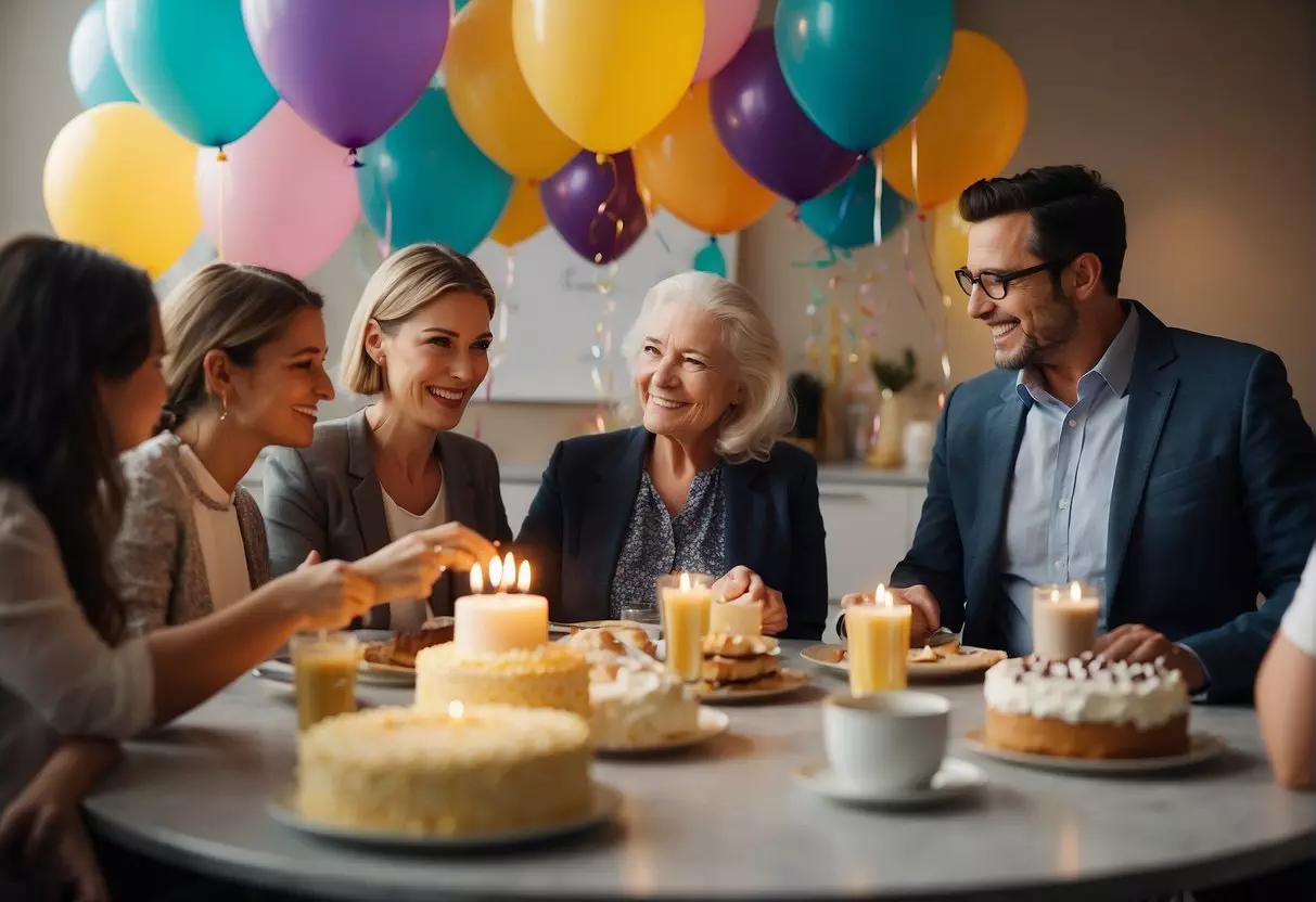 A group of people gather around a table, brainstorming ideas and making plans for a 91st birthday celebration. Streamers, balloons, and a cake are visible in the background