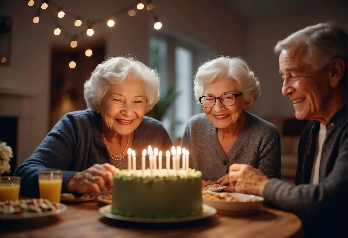 Elderly woman surrounded by family, opening gifts, blowing out candles on a birthday cake, and sharing laughter and memories