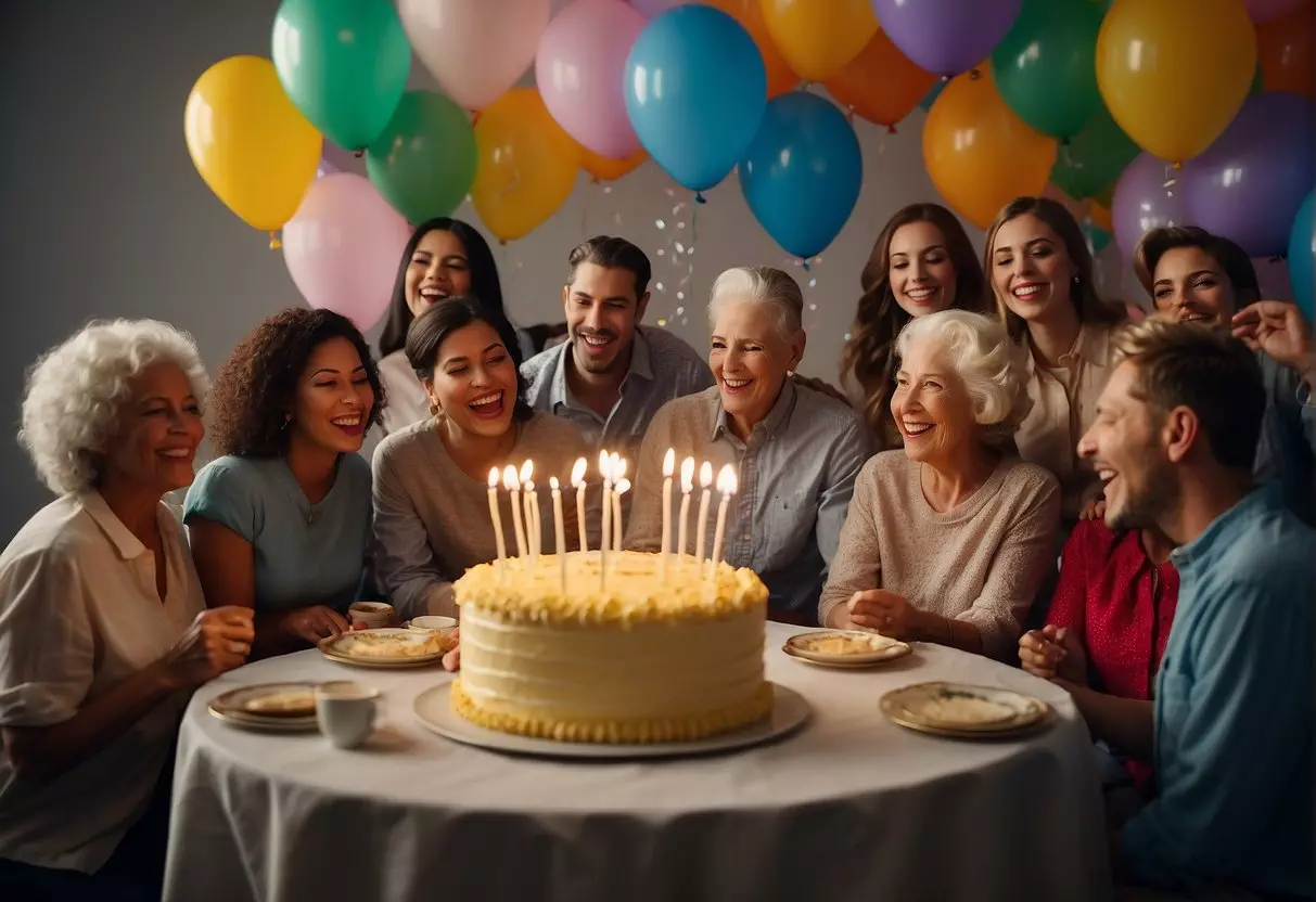 A group of people gathered around a table with balloons and a large birthday cake. A banner reads 