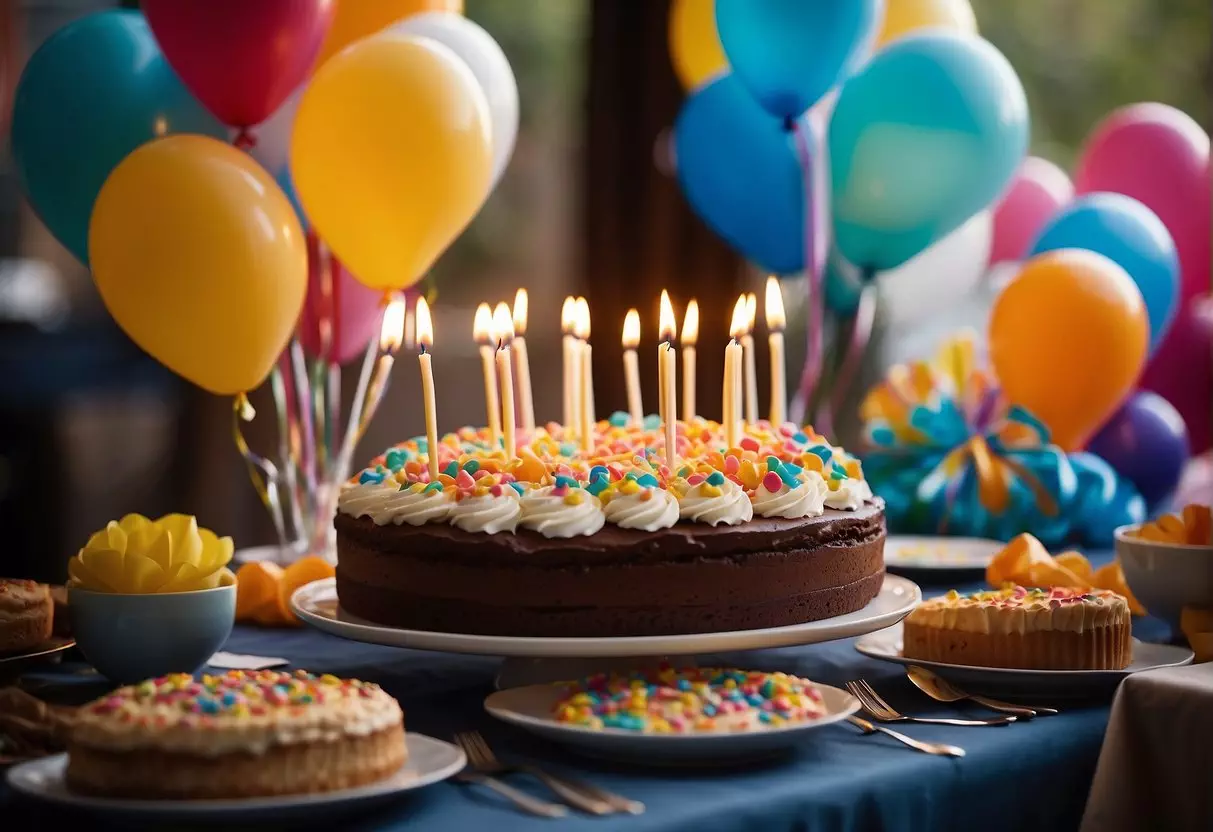 A table set with a colorful array of balloons, streamers, and a cake with 96 candles. Gifts and cards are scattered around, while a group of friends and family members chat and laugh in the background