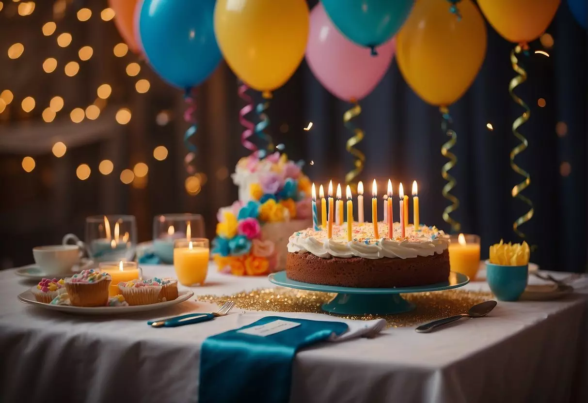 A table adorned with colorful decorations, a large cake with 96 candles, and a banner reading 