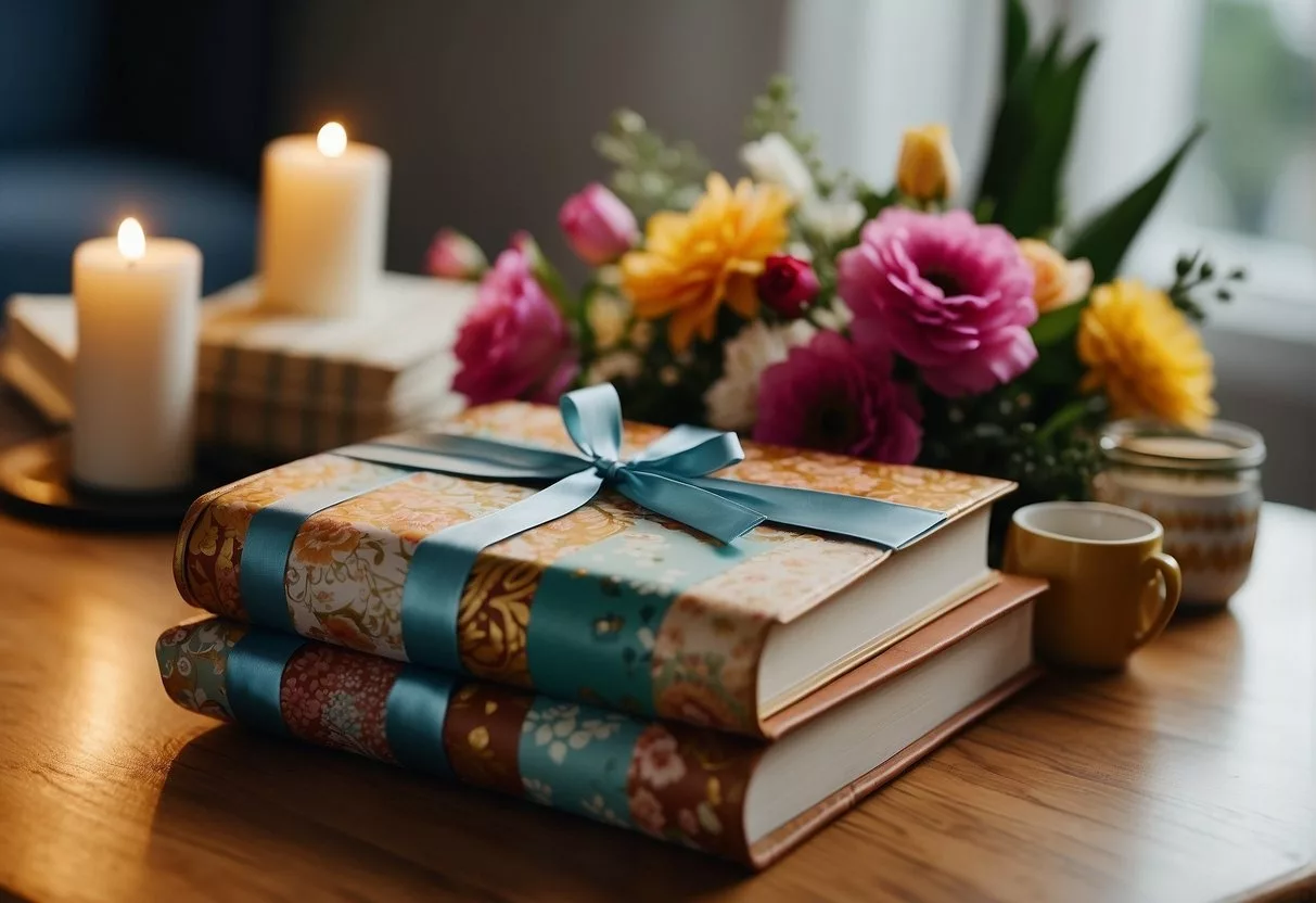 A table adorned with a colorful array of gifts: a cozy blanket, a puzzle book, a photo album, and a bouquet of flowers. A birthday card with well wishes sits atop the gifts