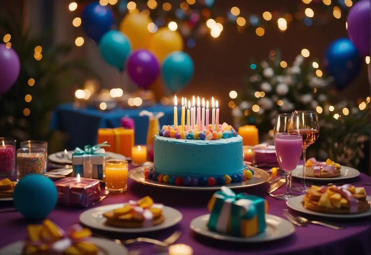 A table set with a colorful array of party decorations and a large birthday cake with 97 candles lit. Gifts and cards are scattered around the room, and a group of friends and family members are gathered, chatting and laughing