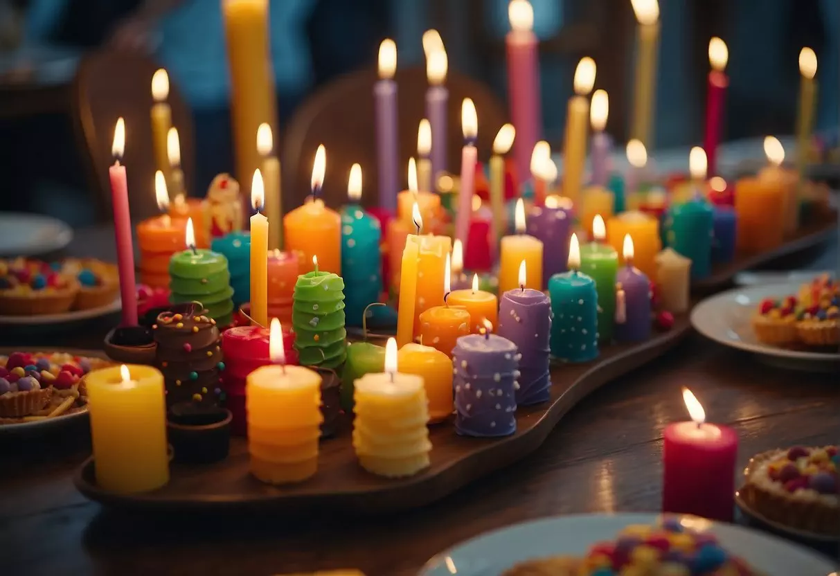 A table adorned with colorful decorations, surrounded by happy faces. A cake with 97 candles, and a group of people planning activities