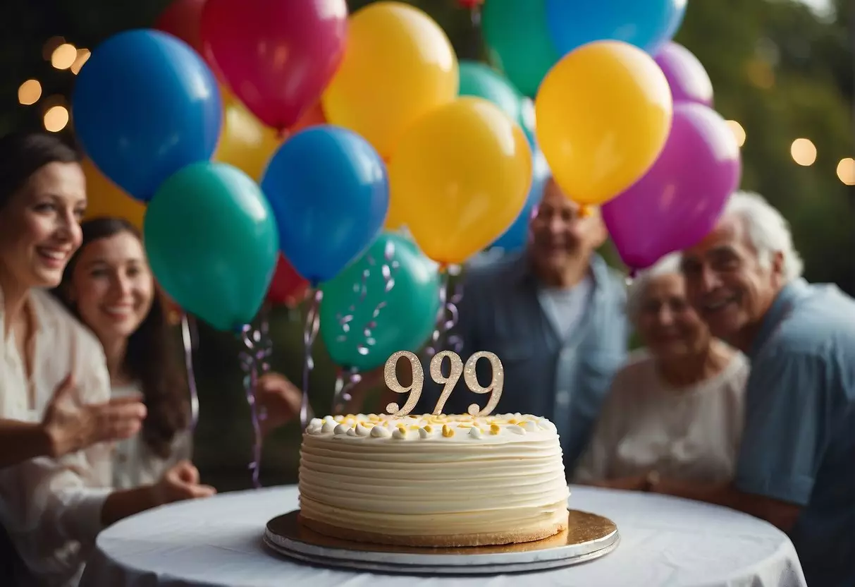 The 98th birthday celebration includes a large cake, balloons, and a banner with 