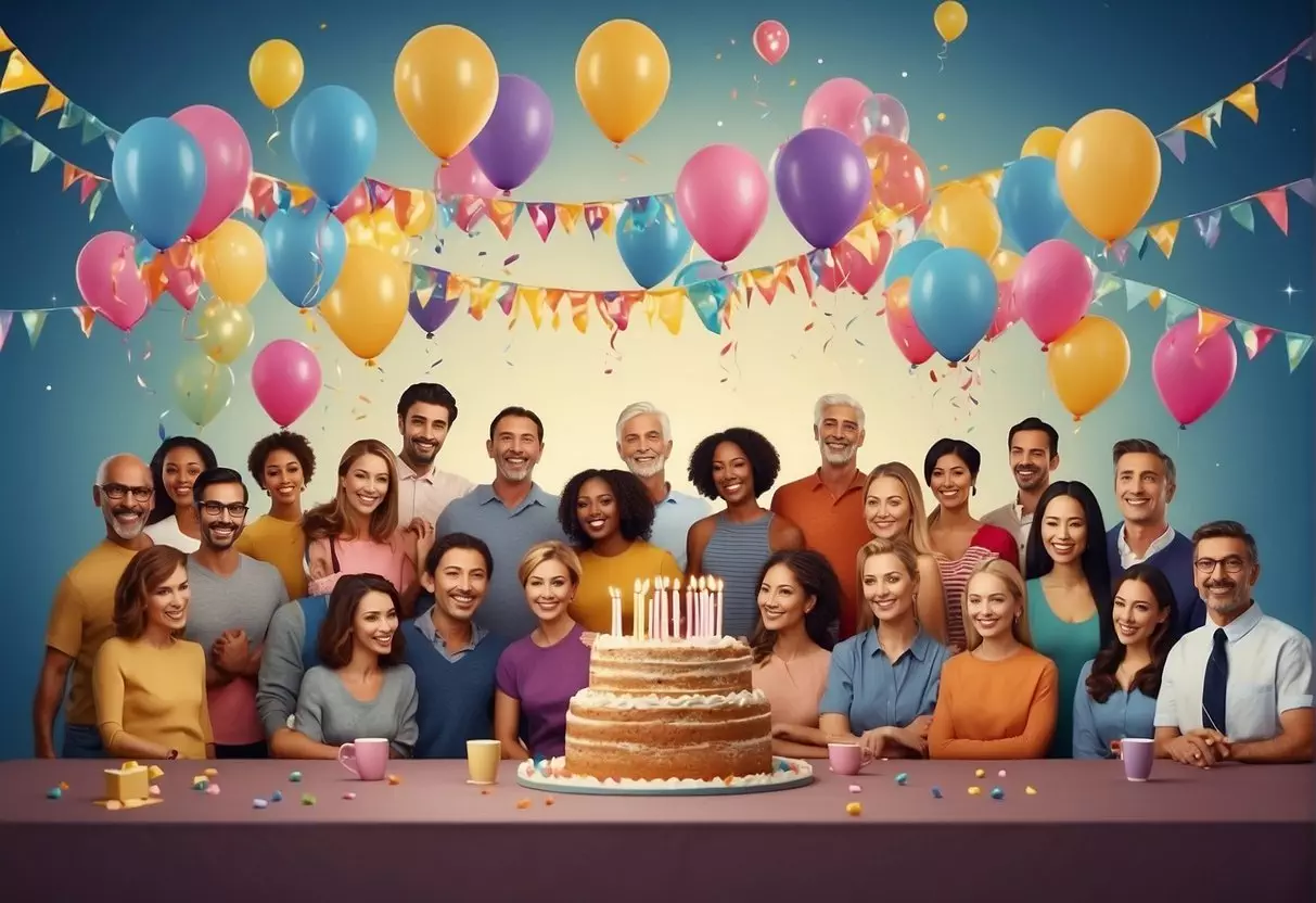 A group of people gathered around a large birthday cake, with balloons and streamers decorating the room. A banner reading 