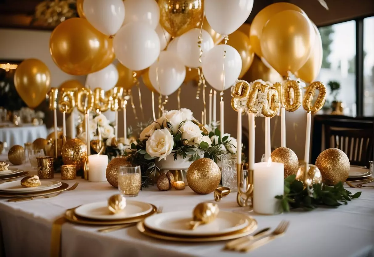 Guests gather around a table, adorned with elegant decorations and a large 