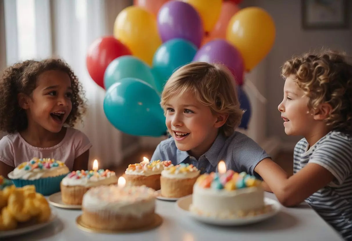 Children playing games, blowing up balloons, and eating cake at a birthday party