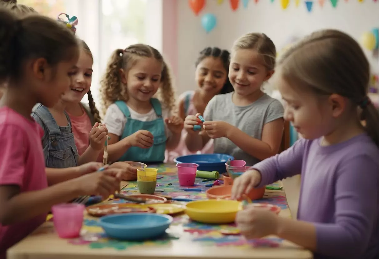 Children painting, crafting, and playing with clay at a birthday party. Tables filled with art supplies and colorful decorations. Laughter fills the room as kids express their creativity