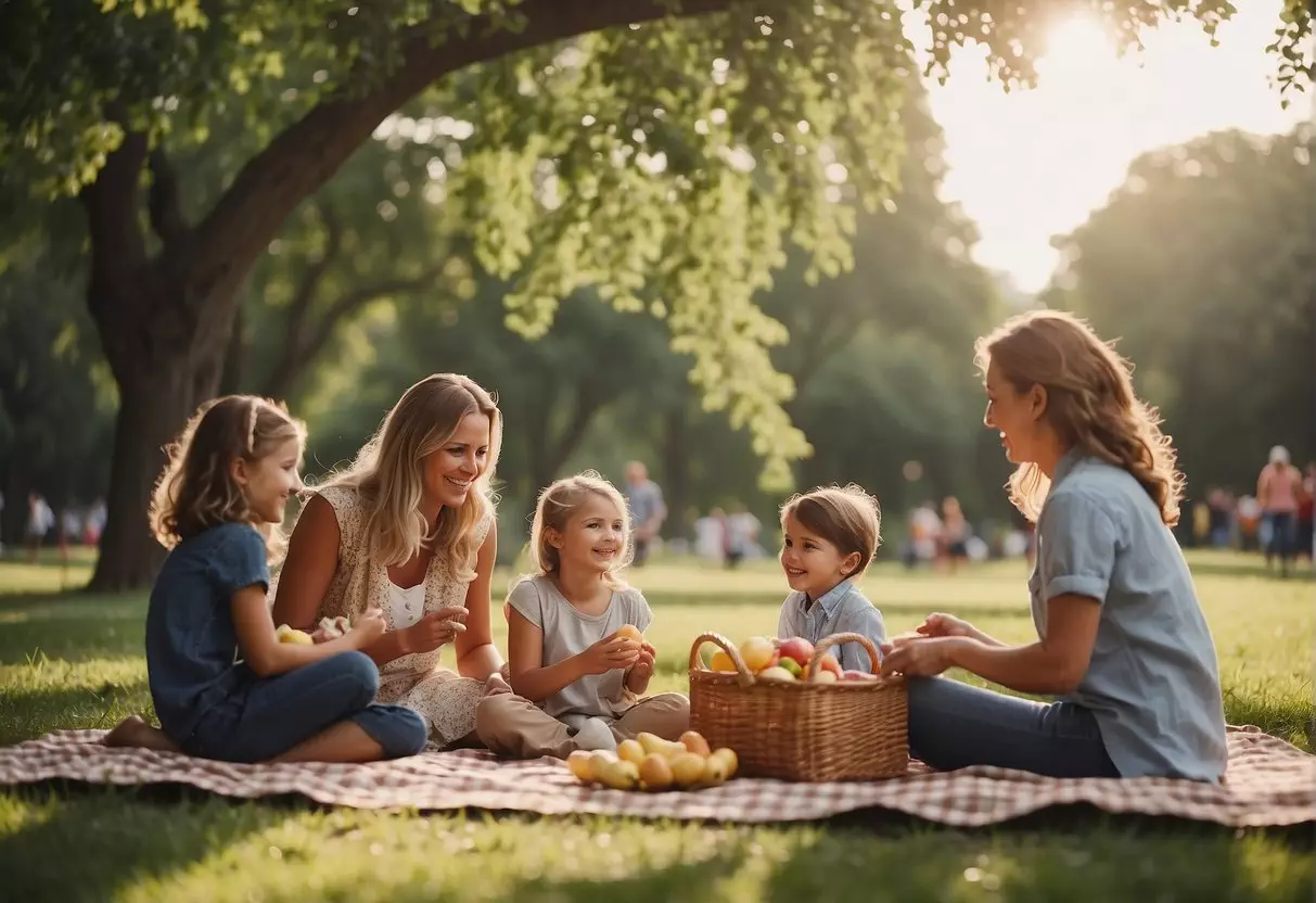 Families gather for a picnic in a park, with children playing games and mothers chatting happily. Flowers and gifts are exchanged, creating a festive atmosphere