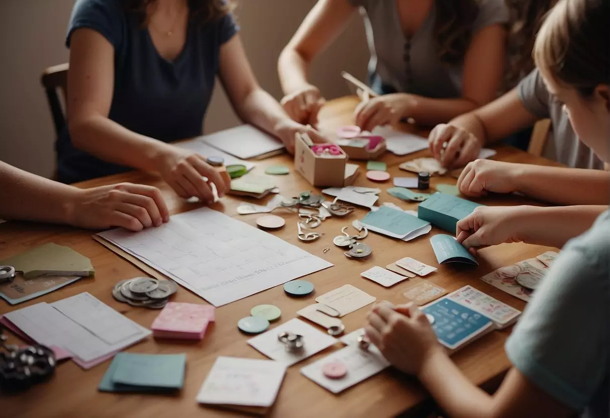 Families gather around a table covered in craft supplies, making cards and gifts for Mother's Day. A calendar and list of activities are tacked to the wall