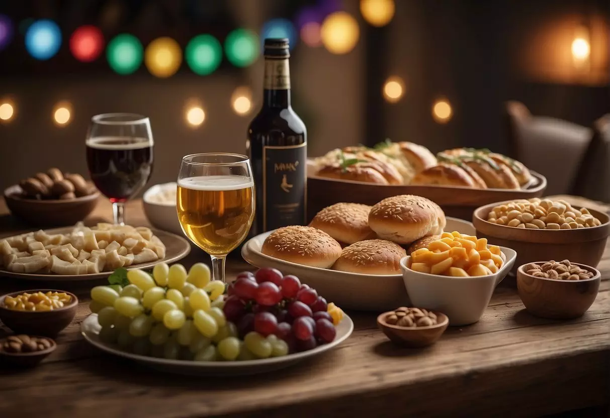 A table set with a variety of food and drink, surrounded by festive decorations and gifts, with a banner reading 