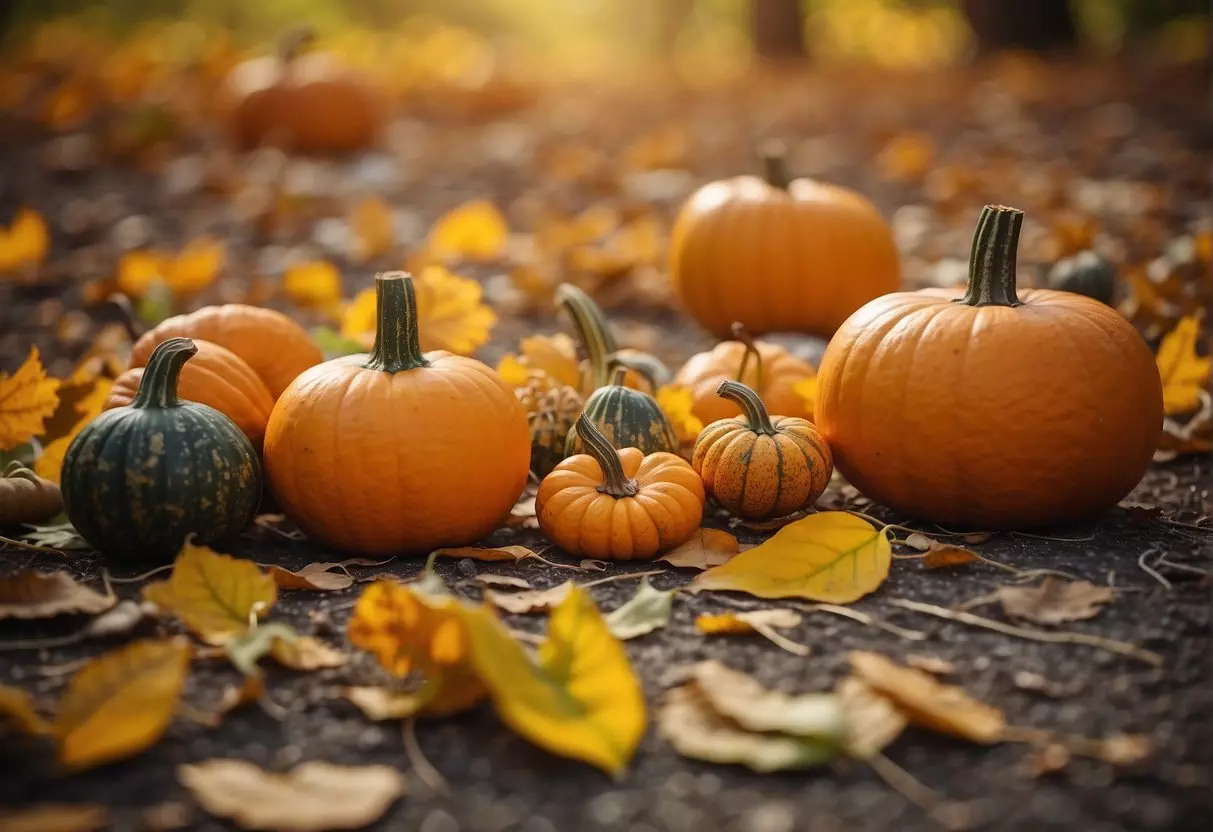 Vibrant autumn leaves scattered on the ground, surrounded by pumpkins, acorns, and sunflowers in a rustic outdoor setting