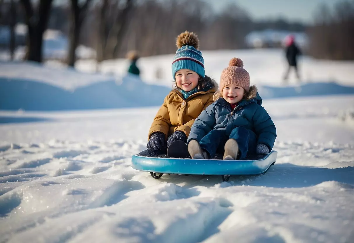 Children sledding down a snowy hill, building a snowman, and ice skating on a frozen pond