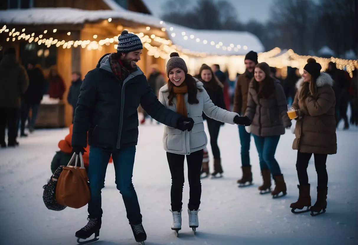 People ice skate, drink hot cocoa, and gather around bonfires at a winter party. Music, laughter, and twinkling lights fill the air