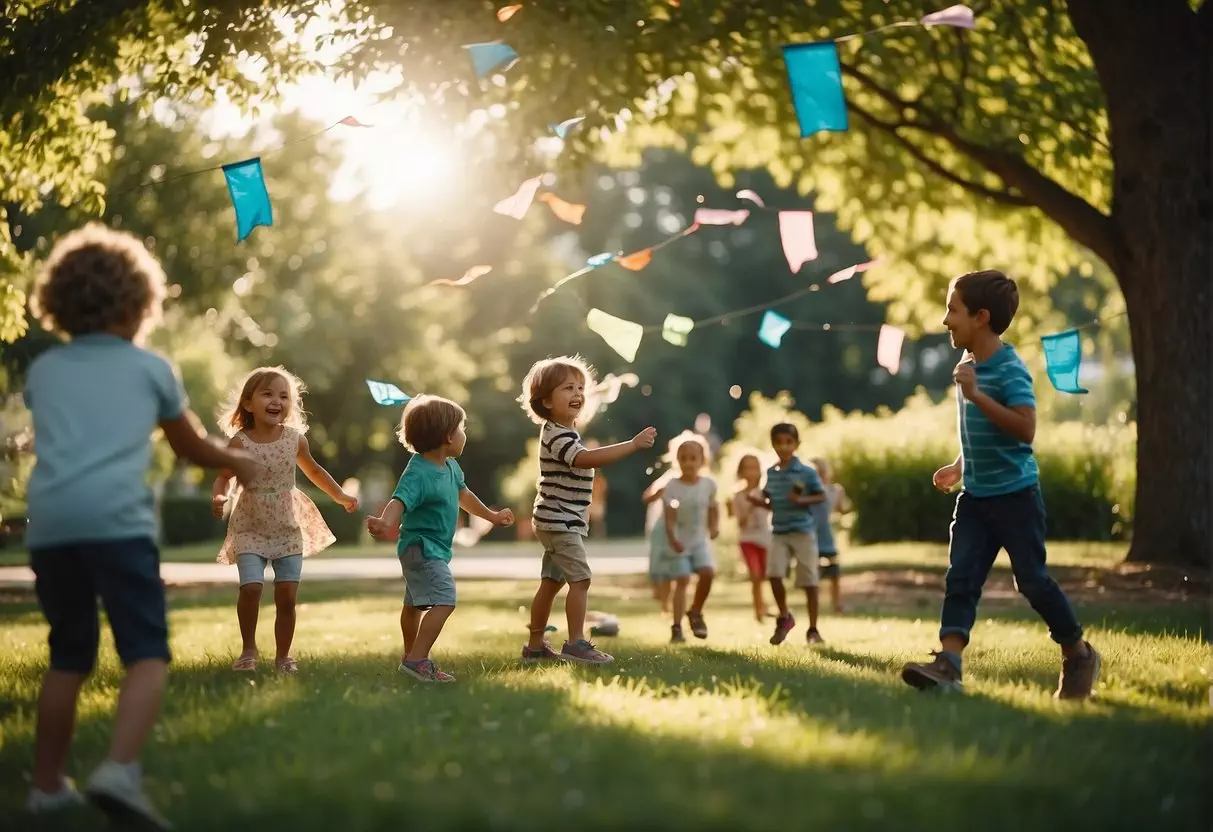 Children playing in a park, flying kites, splashing in a pool, and having a picnic under a shady tree. A family barbecuing and playing outdoor games