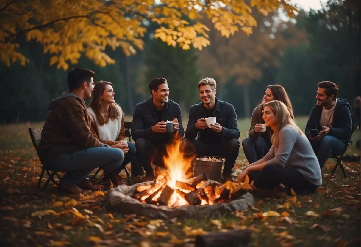 People gather around a bonfire, roasting marshmallows and enjoying warm drinks. Leaves fall from the trees, creating a colorful backdrop for the social gathering