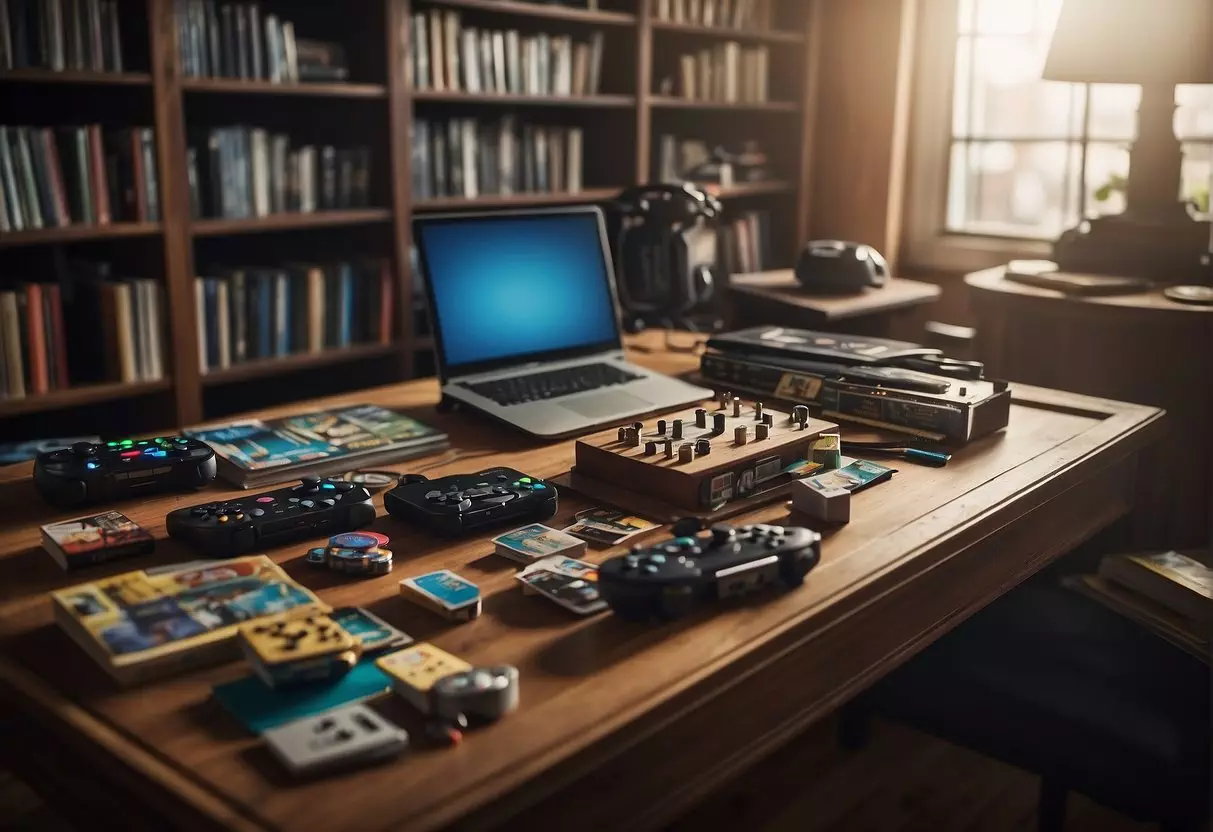 A table with art supplies scattered around, a bookshelf filled with novels, a gaming console with controllers, and a puzzle half-finished on the floor