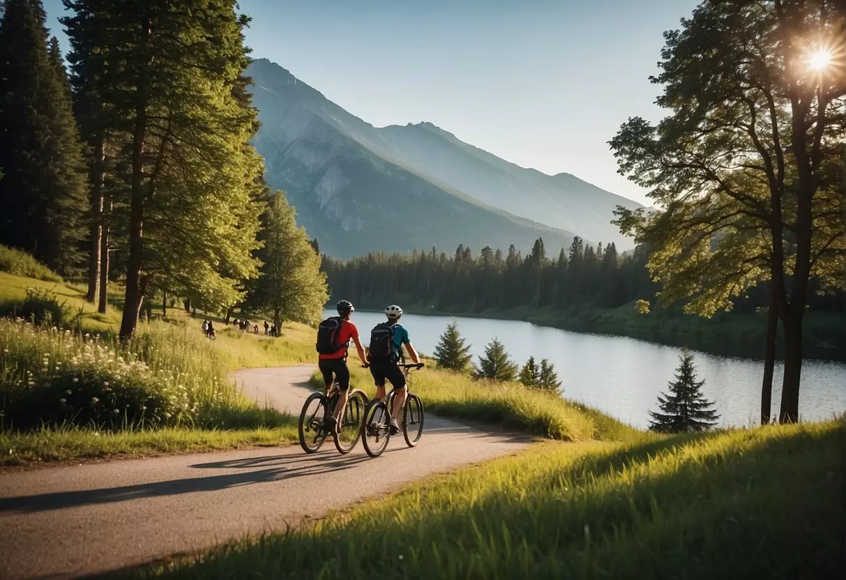 People hiking, biking, and picnicking in a lush park with a lake and mountains in the background