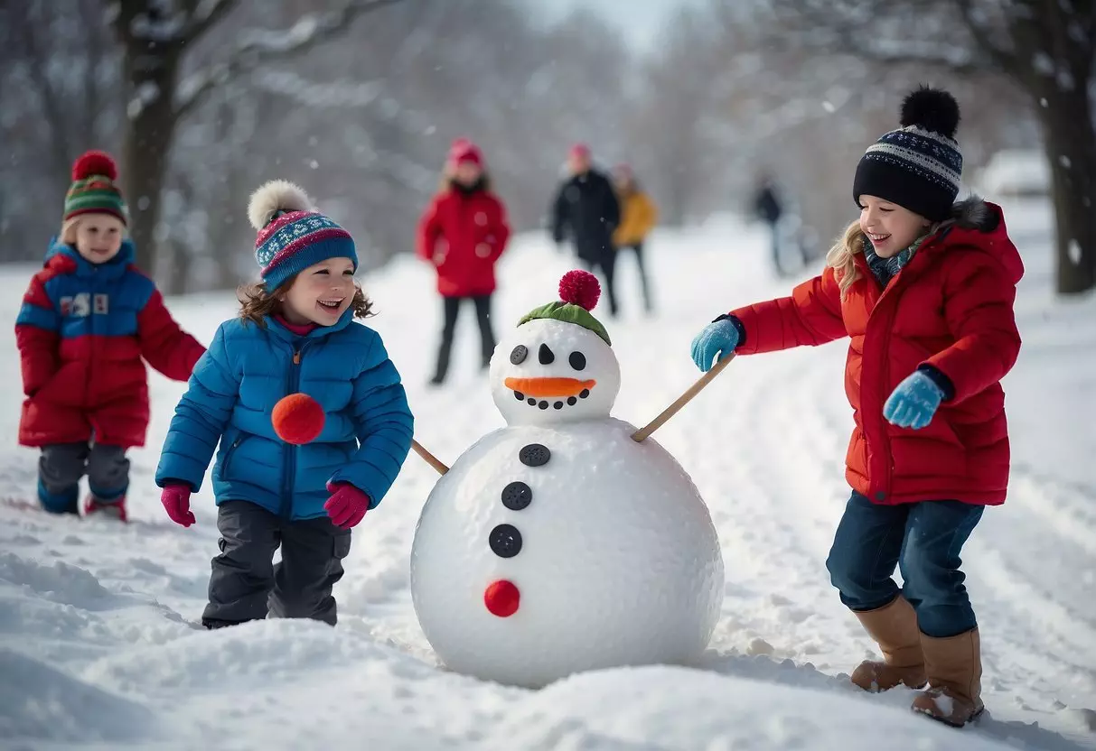 Children sledding down a snowy hill, building a snowman, and having a snowball fight in a winter wonderland