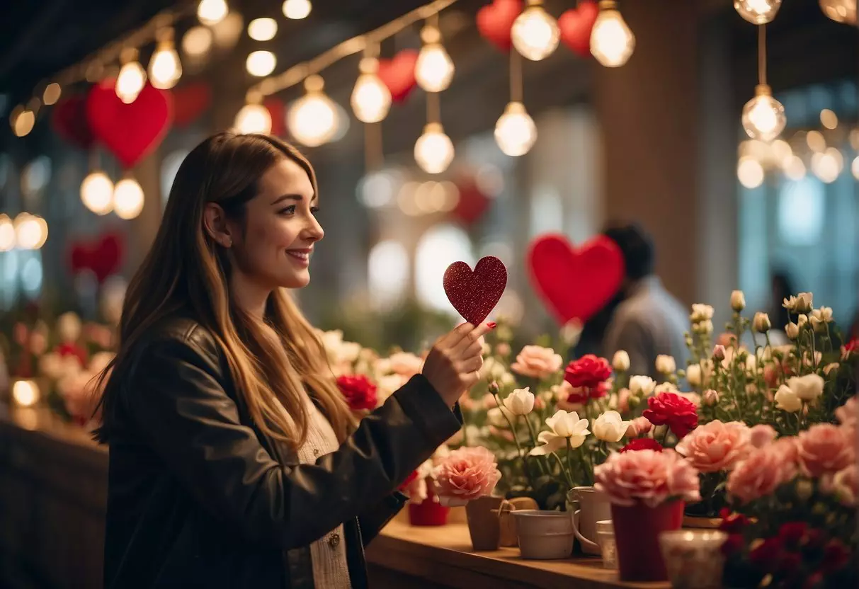 People exchanging valentine cards and flowers. Heart-shaped decorations and romantic atmosphere