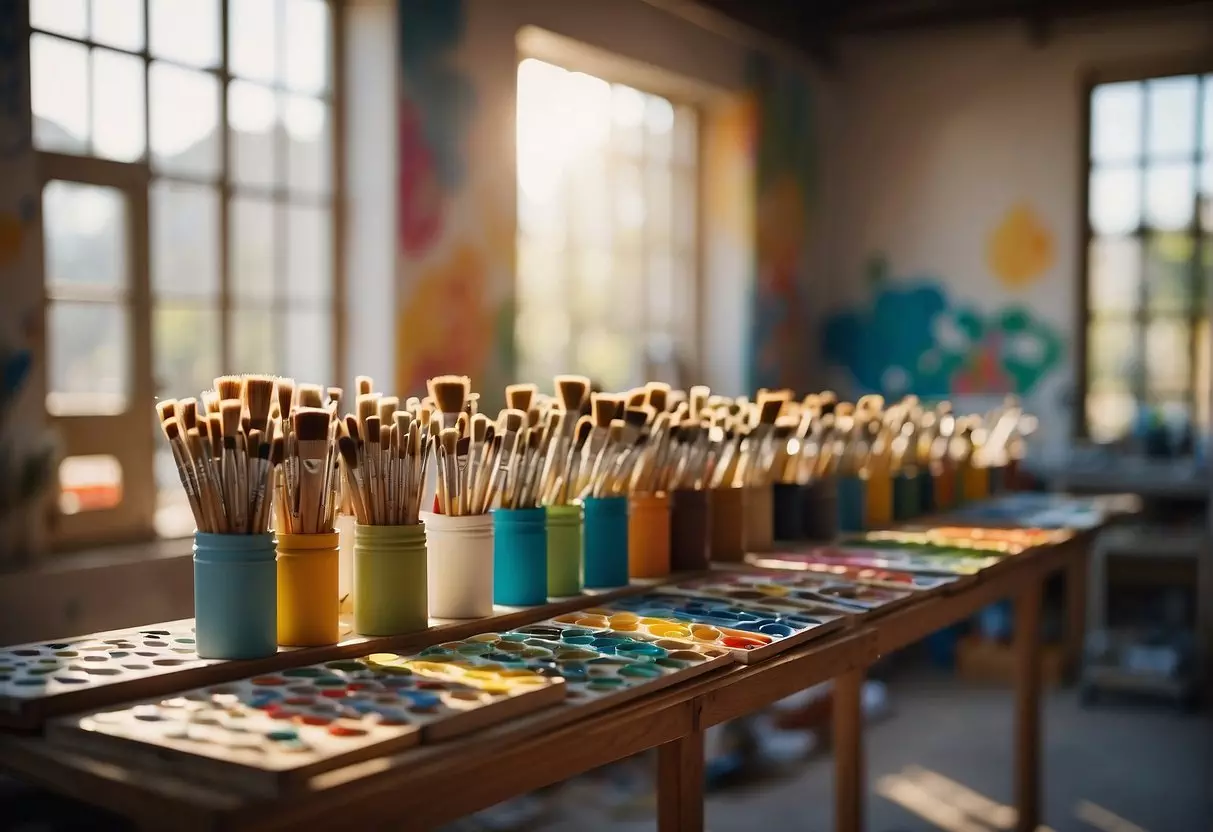 A colorful array of paintbrushes, palettes, and canvases scattered across a sunlit studio, with a vibrant mural taking shape on the wall