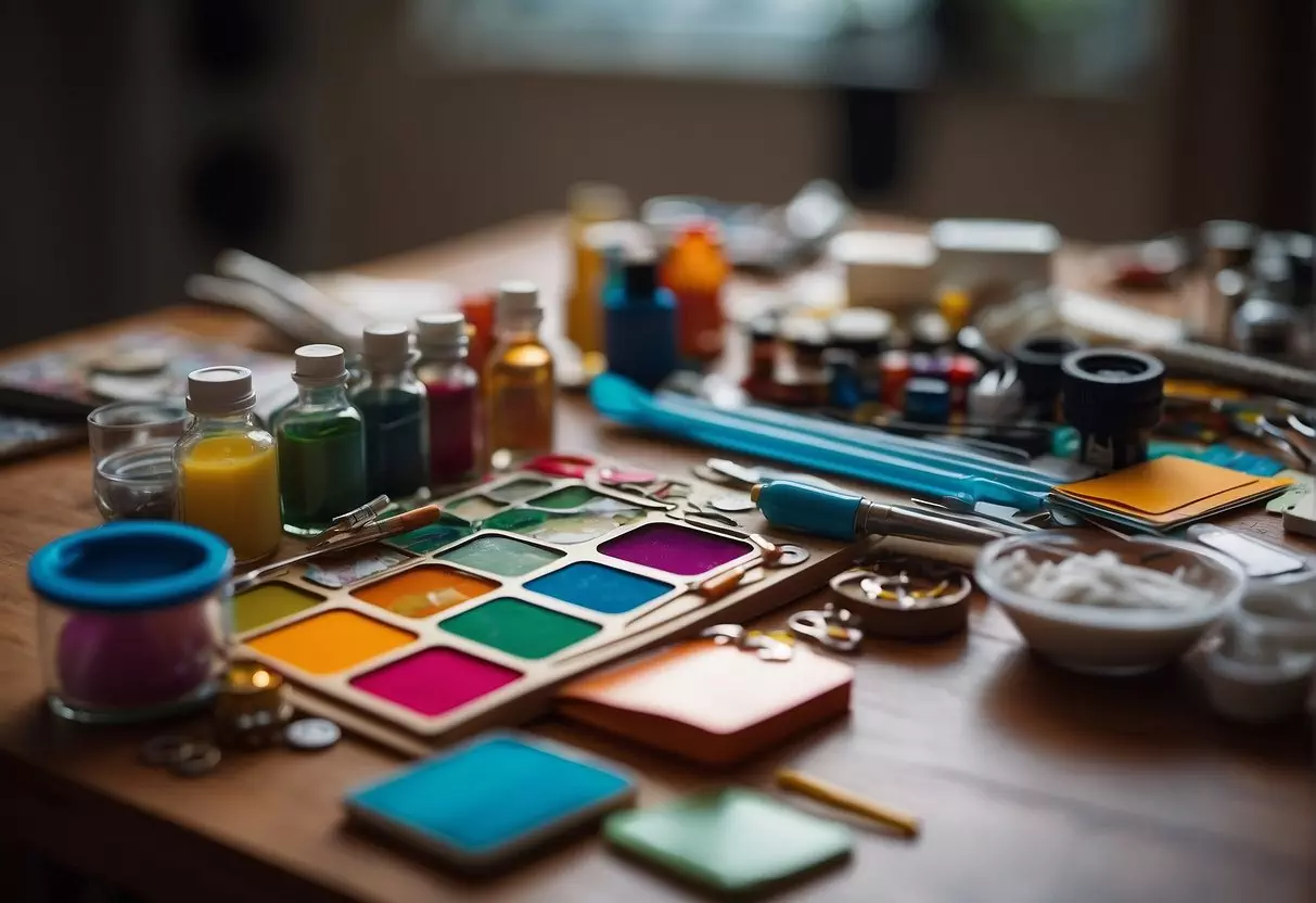 A table with various art supplies scattered around, including glue bottles, paper, scissors, and colorful scraps