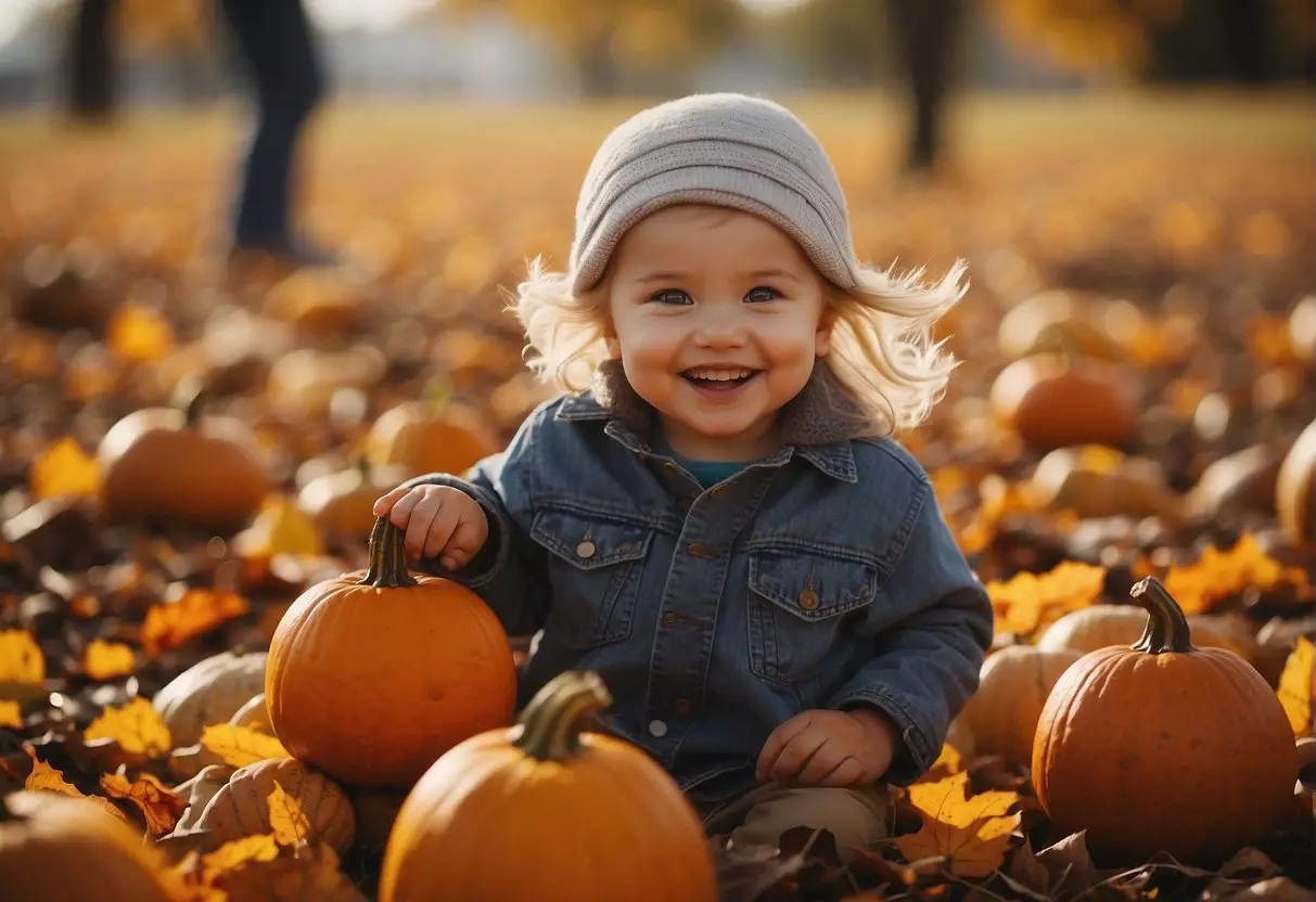 Toddlers playing in a pile of colorful leaves, tossing them in the air and laughing. A pumpkin patch in the background with children picking pumpkins