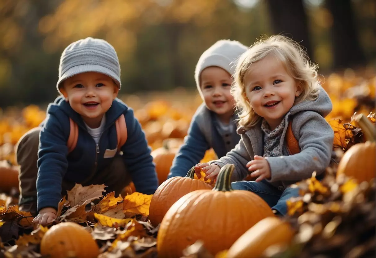 Toddlers playing in a pile of colorful leaves, picking pumpkins, and exploring nature during a crisp autumn day