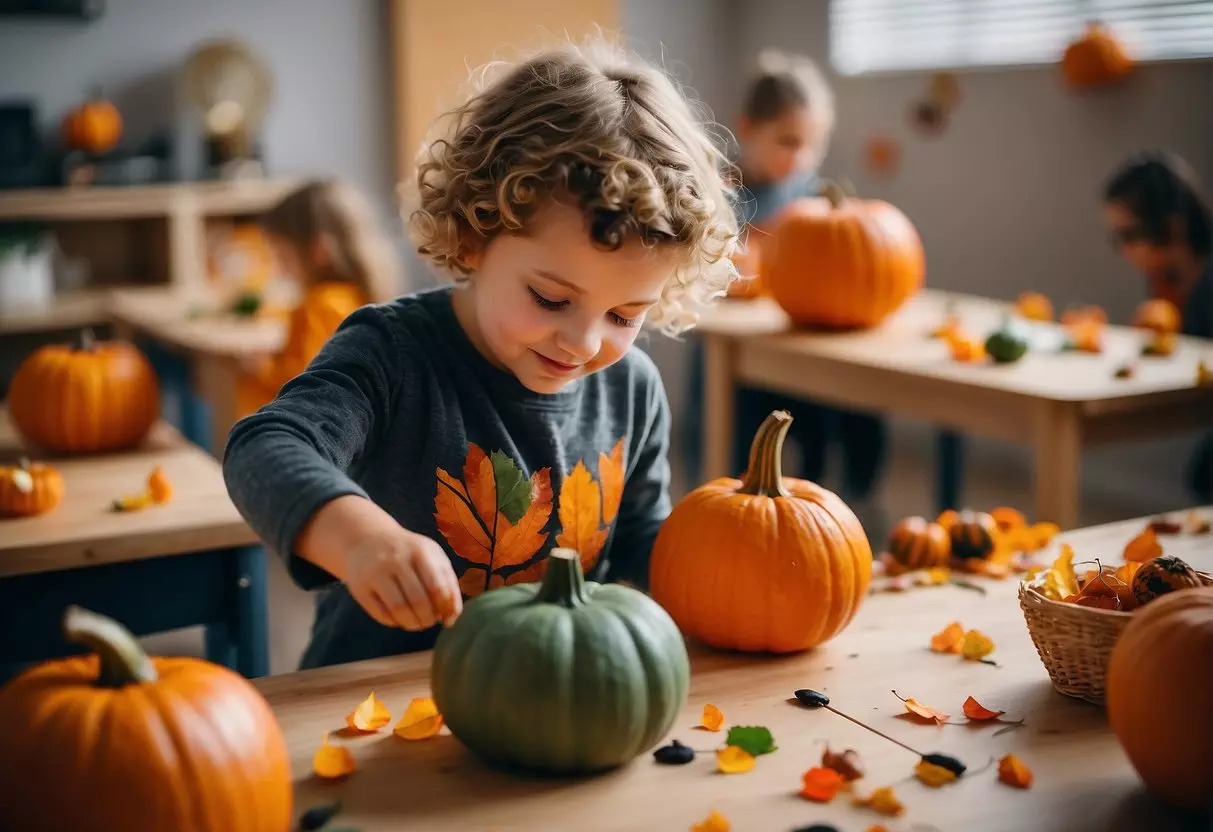 Children painting pumpkins, collecting colorful leaves, and playing with Halloween-themed sensory bins in a cozy classroom decorated with fall-themed artwork