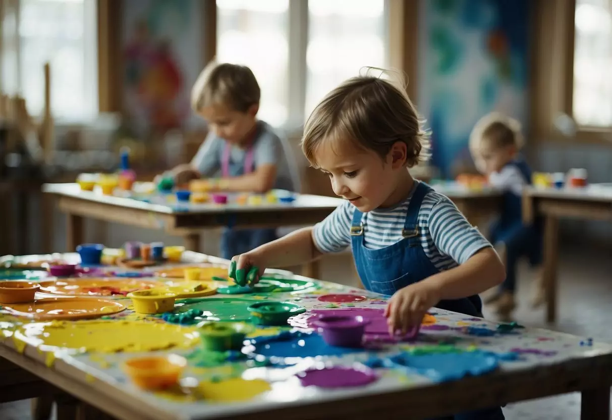 Children happily splatter paint on large easels. Brushes and palettes lay scattered on the table. Bright colors fill the room