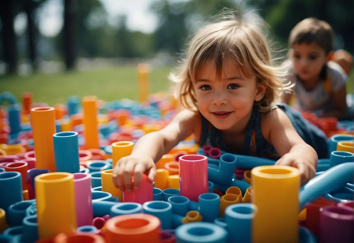 Children playing with colorful PVC pipes, building structures and creating art