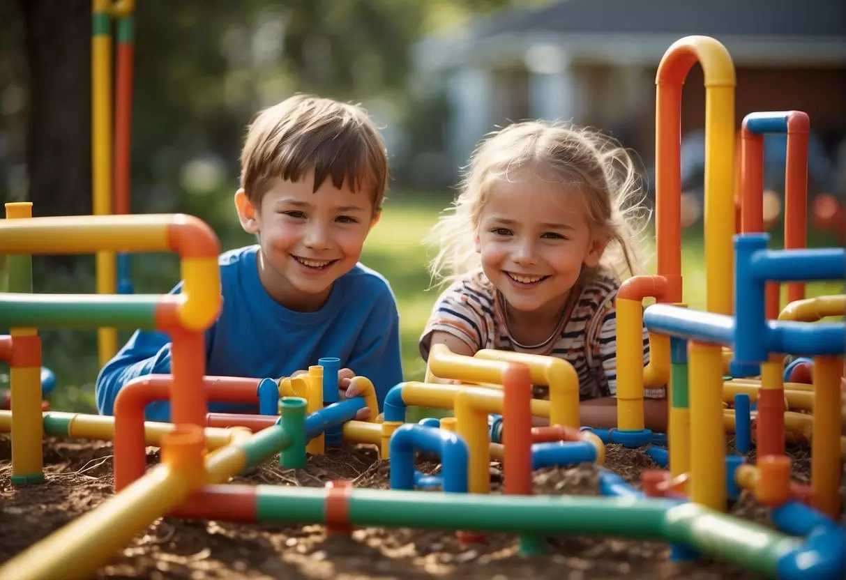 Children happily building with PVC pipes and connectors, creating colorful structures and shapes in a sunny outdoor setting