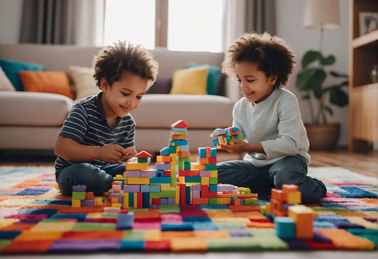 Children playing with toys, reading books, doing art and craft activities, and building with blocks in a cozy living room with colorful rugs and cushions