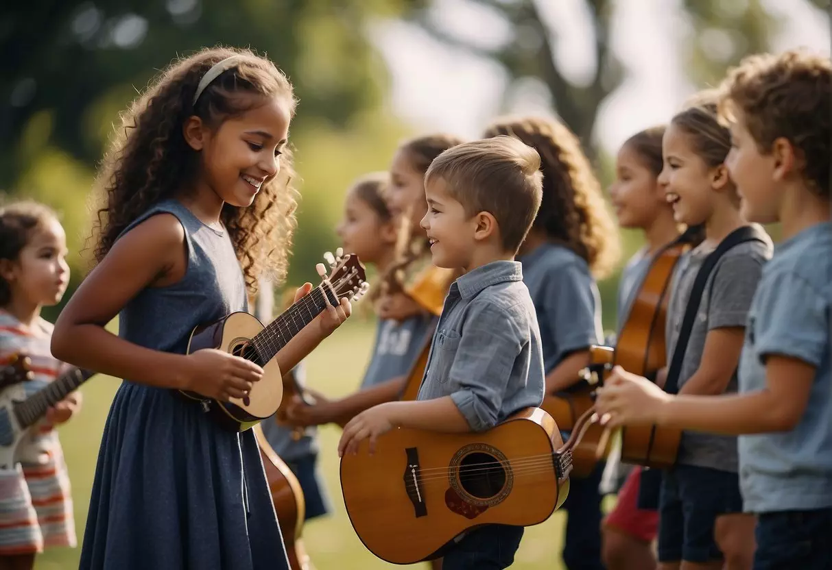 Children singing, playing instruments, and dancing in a circle with a teacher leading the music activities