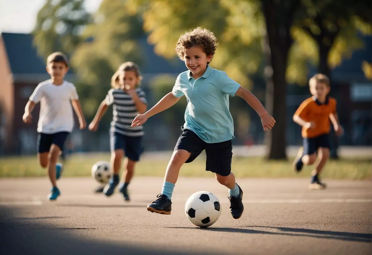 Children playing tag, jumping rope, and kicking a soccer ball in a schoolyard