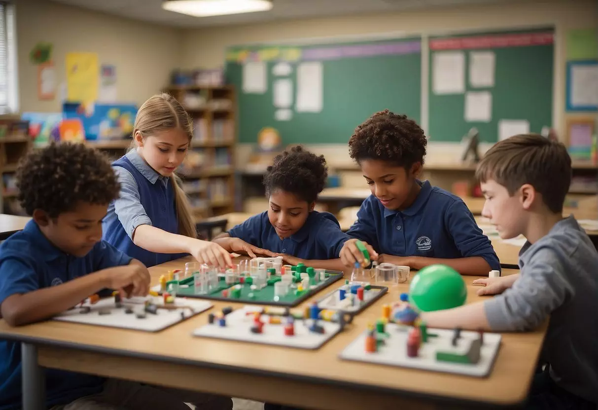 A classroom with students engaged in hands-on activities related to science, math, reading, and social studies. Materials such as books, charts, and experiment supplies are visible