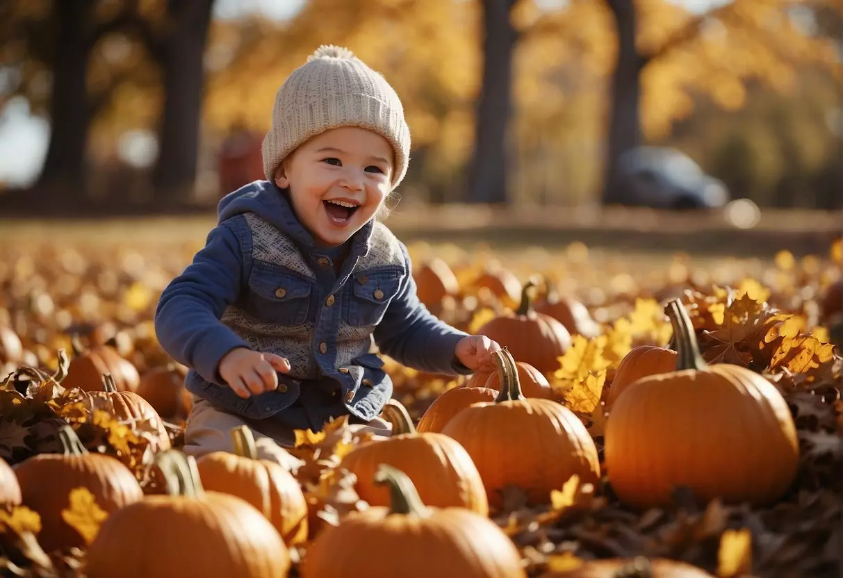 Children playing in a pile of colorful leaves, tossing them in the air and laughing. A pumpkin patch with kids picking out their favorite pumpkins. A group of children enjoying a hayride through a scenic autumn landscape