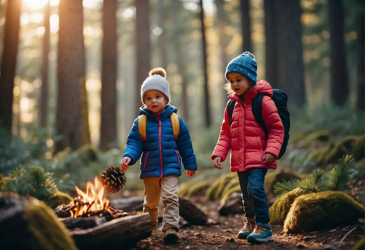 Children hiking through colorful woods, collecting leaves and pinecones, and building a campfire in a clearing