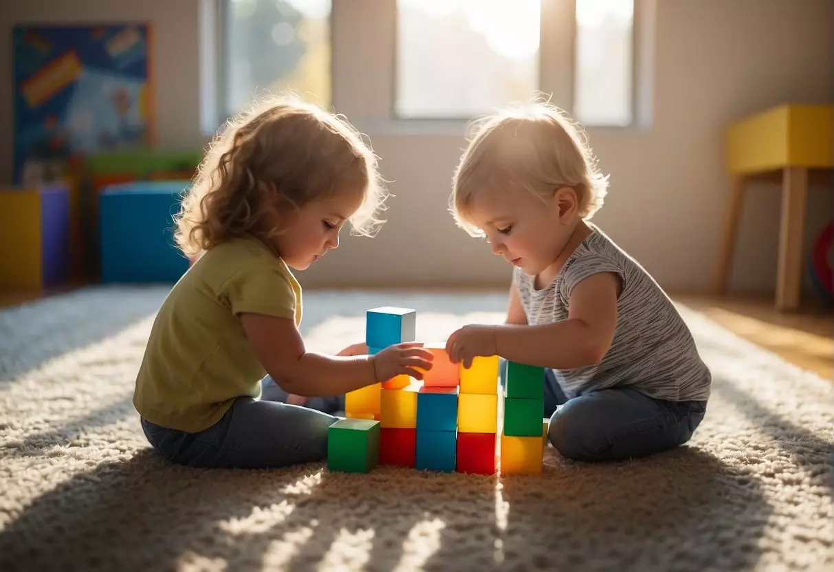 Preschoolers playing with colorful blocks and puzzles on a soft, carpeted floor with a bright, sunlit window in the background