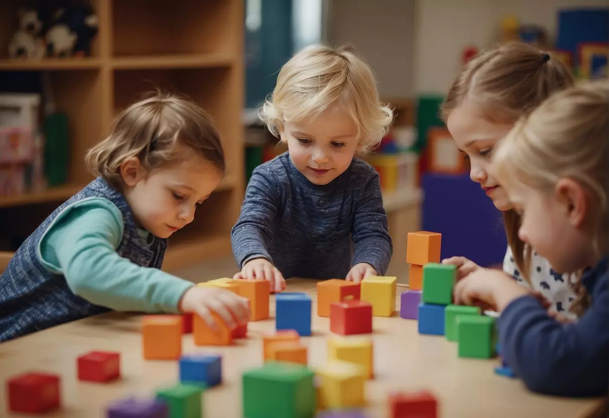 Preschoolers engaged in hands-on learning activities, exploring shapes, colors, and numbers through play and interactive experiences