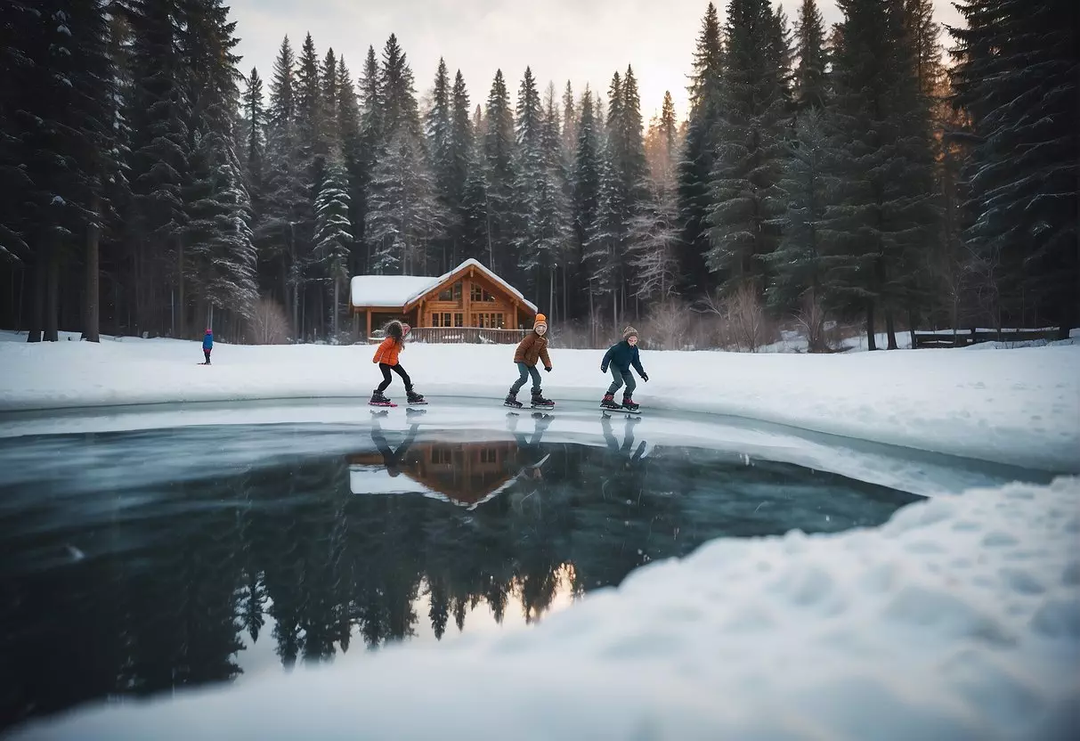 Children skating on a frozen pond, surrounded by snow-covered trees and a cozy cabin in the background