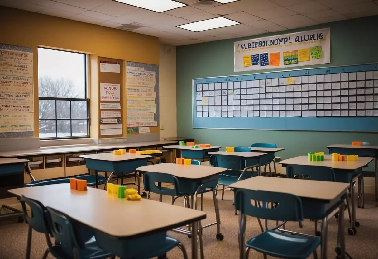 A classroom filled with colorful learning materials and interactive displays for February's activities. A calendar on the wall highlights upcoming events