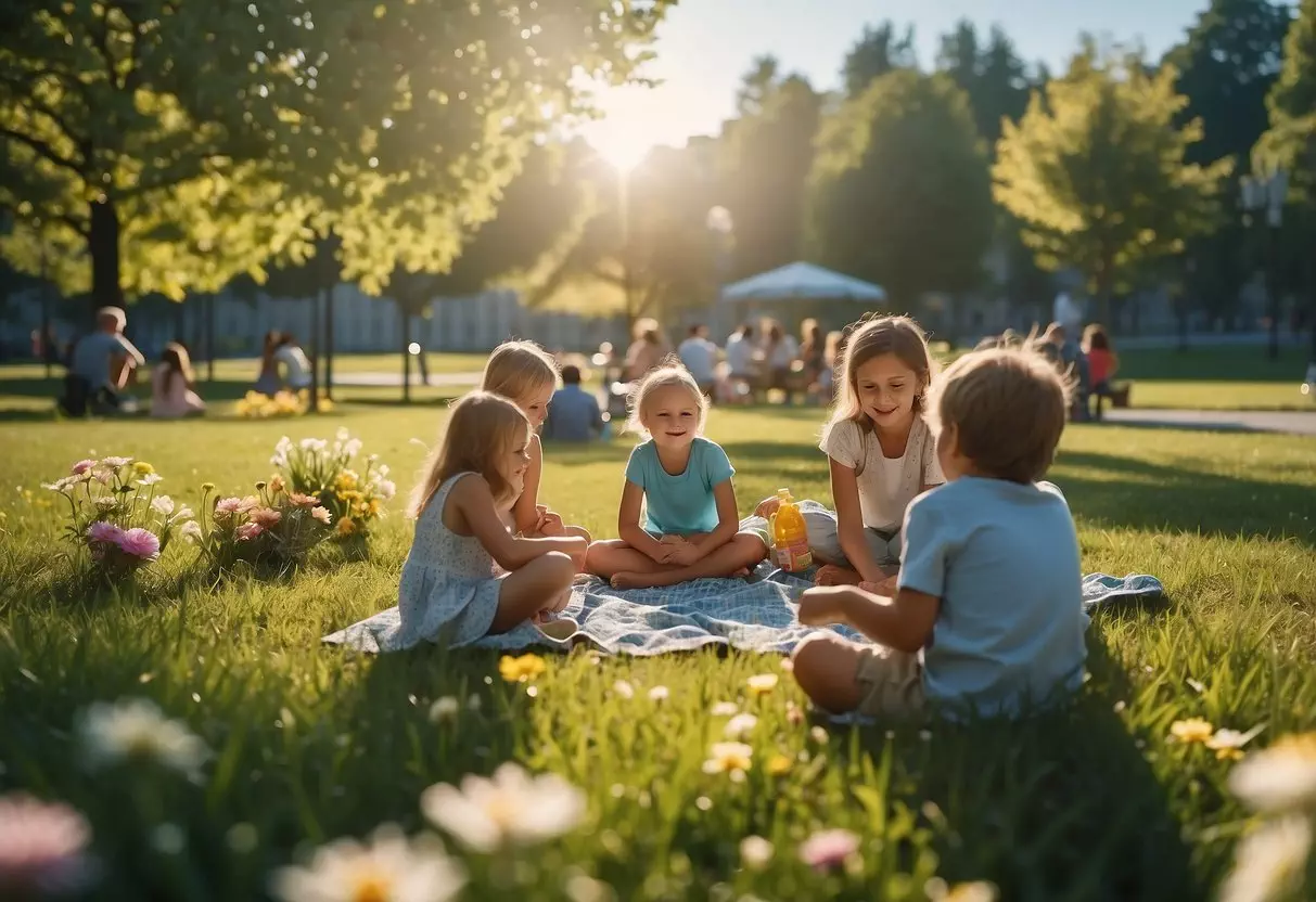 A sunny park with blooming flowers, children playing, and families picnicking under a clear blue sky