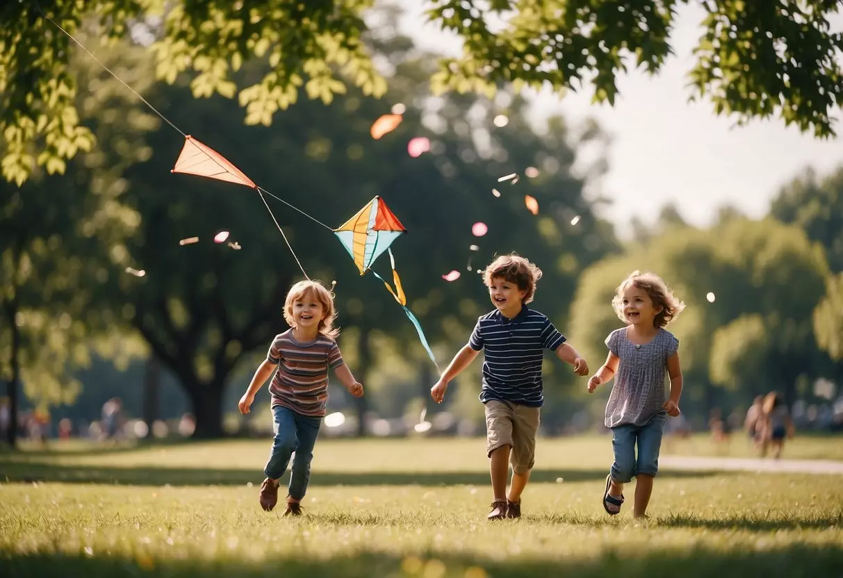 Children playing in a park, flying kites, and having a picnic under a bright summer sun