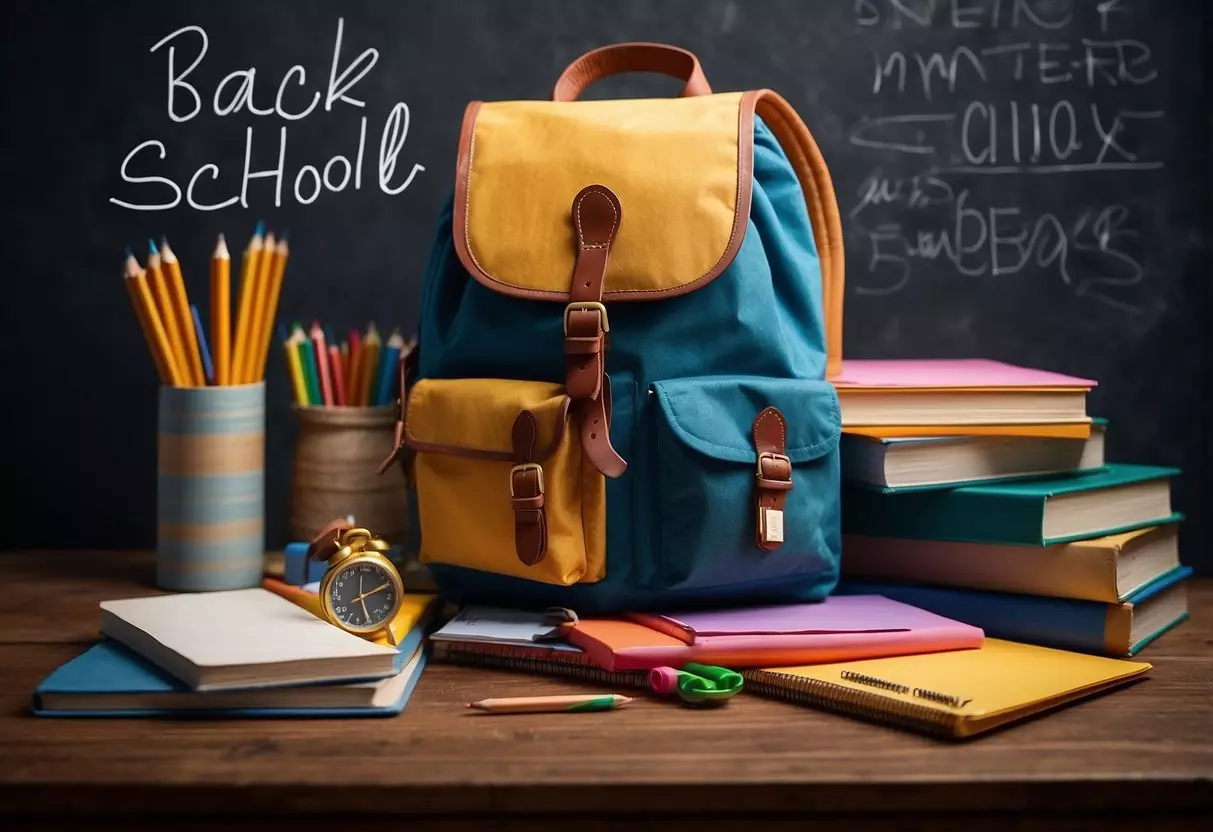 A colorful backpack, notebooks, pencils, and a calendar on a desk. A chalkboard with 