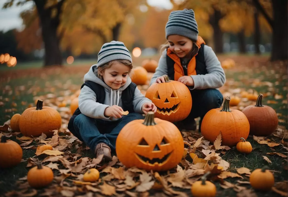 Children carving pumpkins, leaves falling, and a cozy bonfire