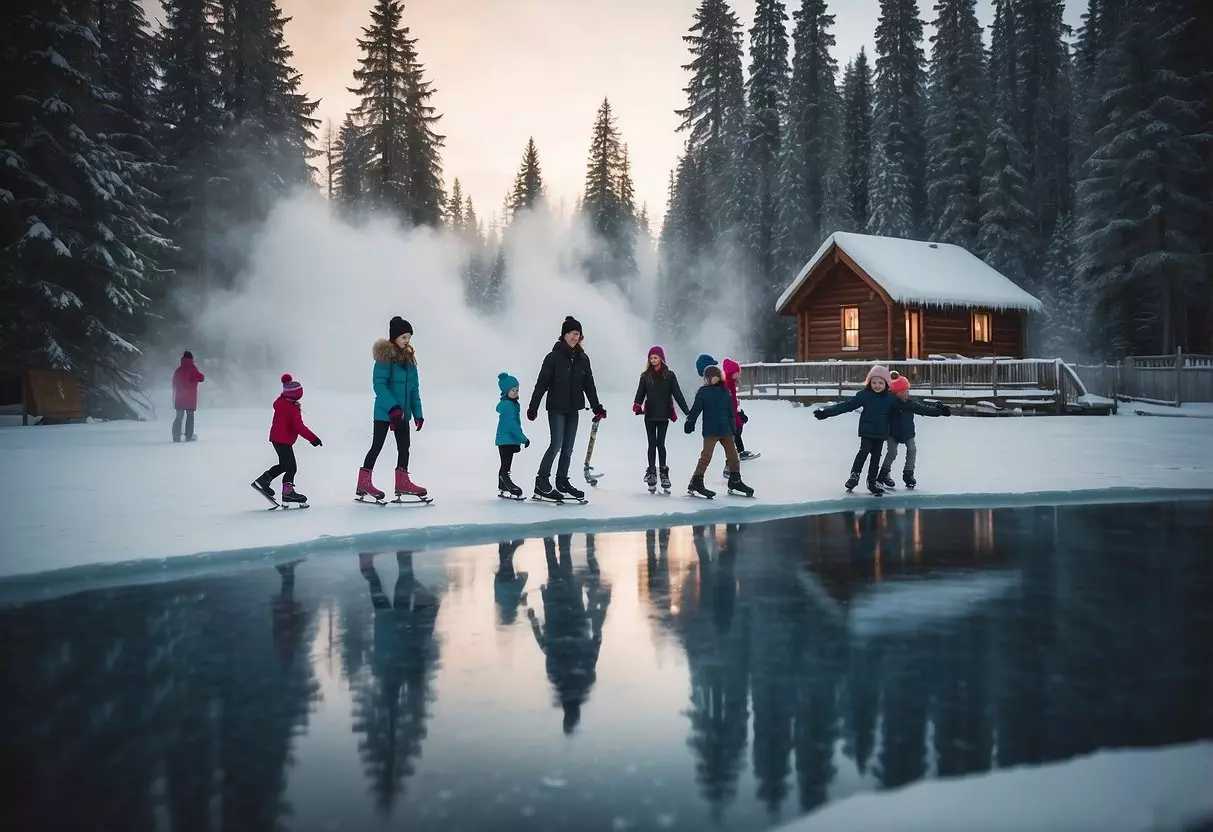 Children ice skating on a frozen pond, surrounded by snow-covered trees and a cozy cabin with smoke rising from the chimney