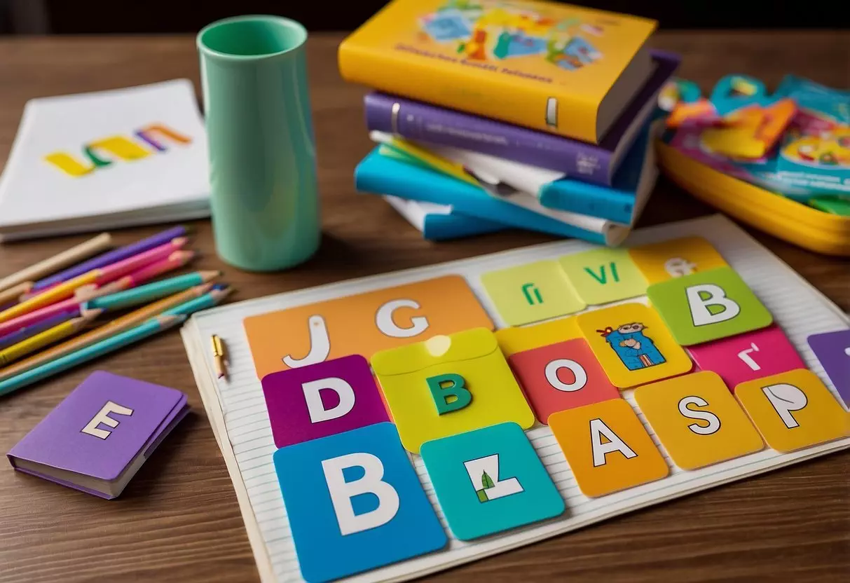 A colorful array of alphabet flashcards, books, and interactive games spread out on a table, surrounded by pencils, markers, and other educational tools